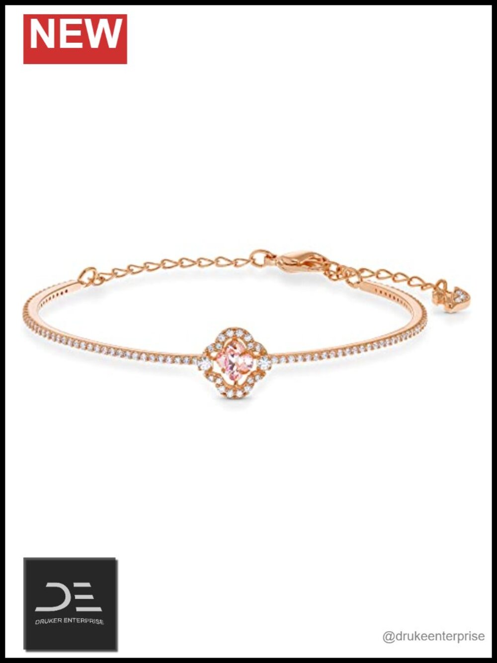 Swarovski Crystal Clover Bangle Bracelet Rose Gold Tone Pink